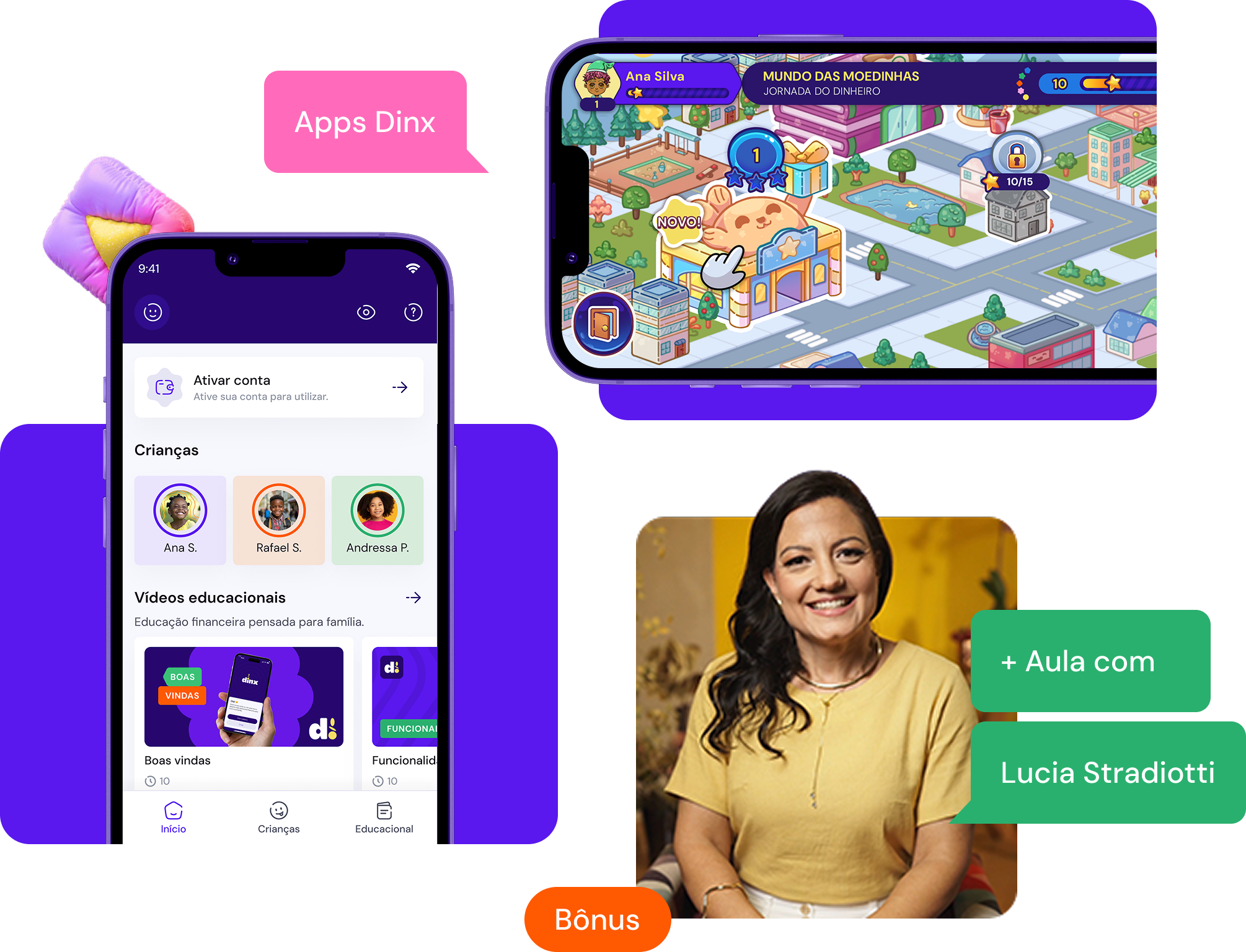 Mockups dos apps Dinx em celulares com cards flutuantes e foto de Lucia Stradiotti