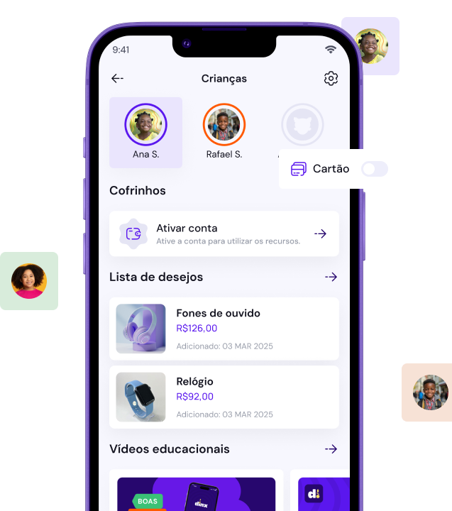 Mockup do app Dinx para pais em celular com perfis de crianças